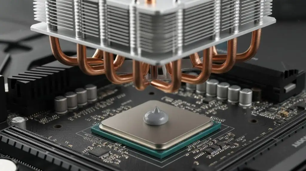 CPU with a pea-sized dot of thermal paste showing correct amount to apply before installing cooler.