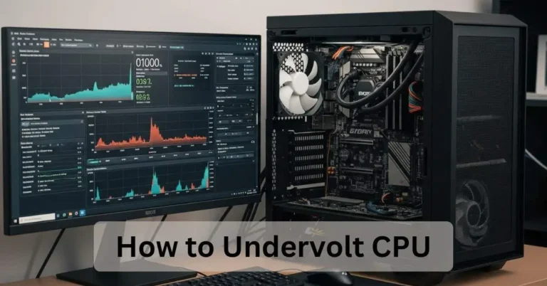 PC setup showing an open desktop computer and a monitor displaying CPU performance graphs for an undervolting guide.