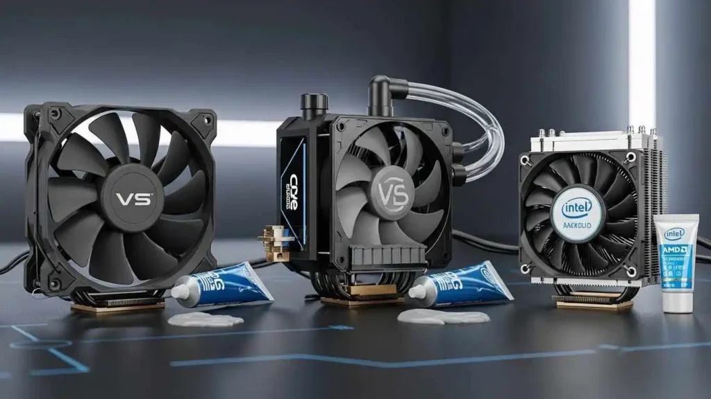 Comparison of air, AIO liquid, and stock CPU coolers showing included thermal paste for proper installation