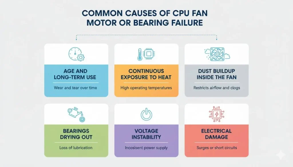 Infographic showing causes of CPU fan not spinning: age, heat exposure, dust buildup, drying bearings, and electrical damage.