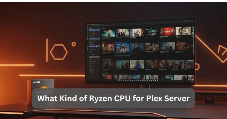 AMD Ryzen CPU setup running Plex Media Server on a desktop monitor with warm orange lighting in the background.