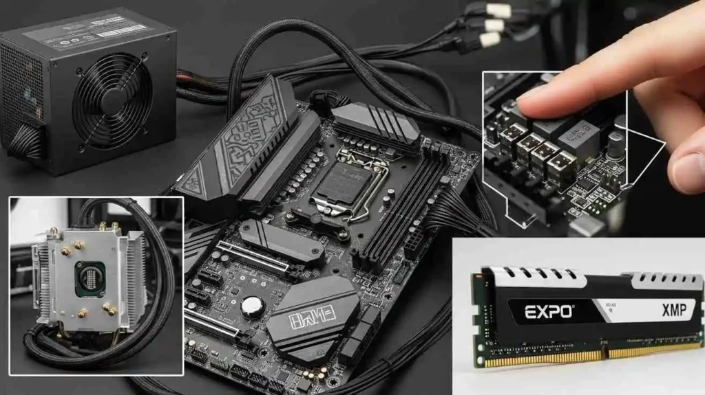 PC components including motherboard, PSU, VRM, CPU cooler and XMP/EXPO RAM showing safe voltage and power delivery details.