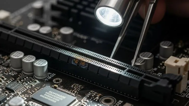 Close-up view of a technician inspecting a PCIe x16 slot with a flashlight, showing slight discoloration on the contacts and surrounding motherboard components.