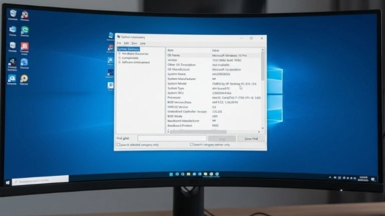System Information window open on a curved monitor showing diagnostic details for BIOS and hardware checks.