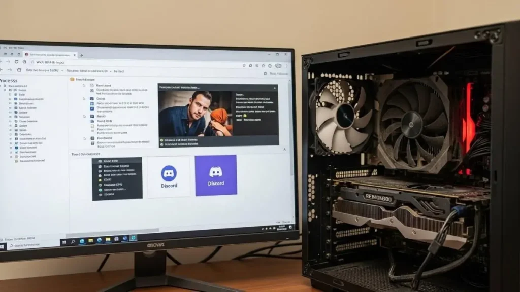 Common causes of high GPU usage show background apps and a dusty graphics card inside a desktop PC