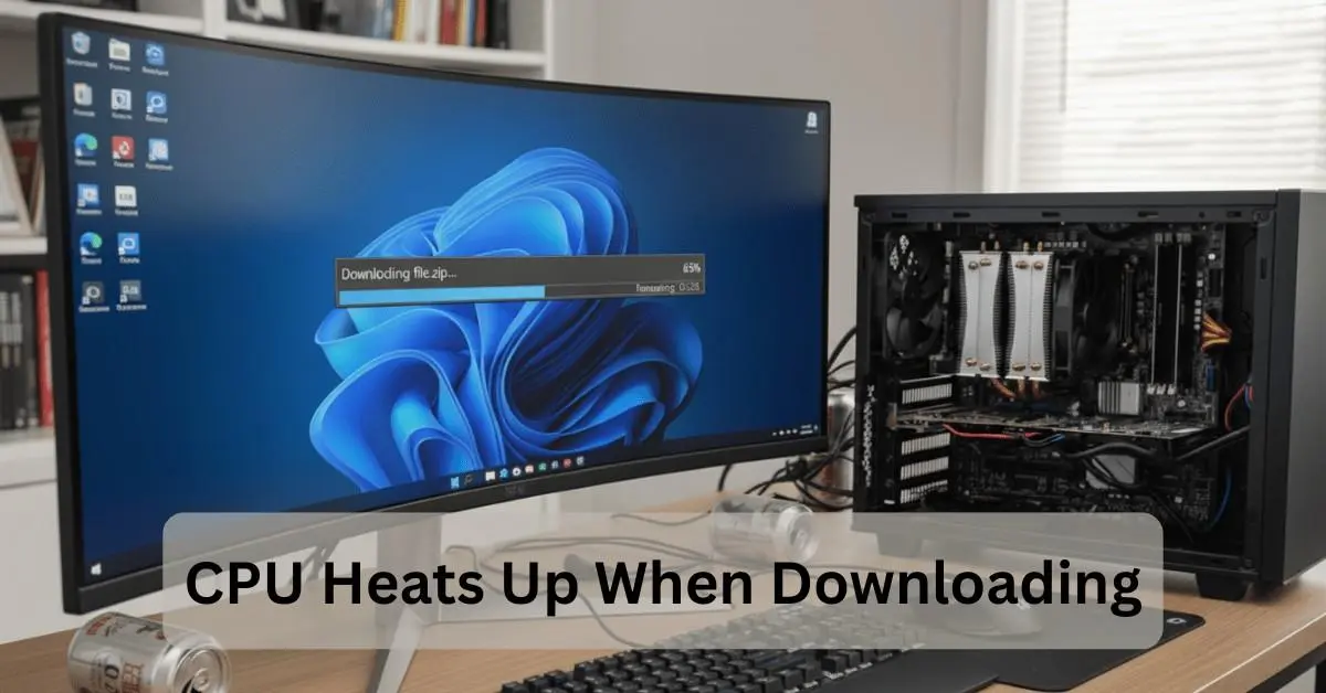 Open desktop PC and monitor showing a file download in progress, illustrating why the CPU heats up when downloading due to background processing.