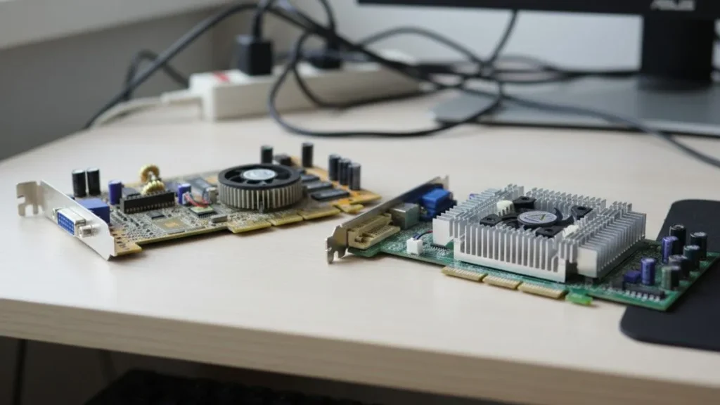 Early NVIDIA GeForce 2 Ti and GeForce 3 Ti graphics cards that introduced the Ti suffix in 2001