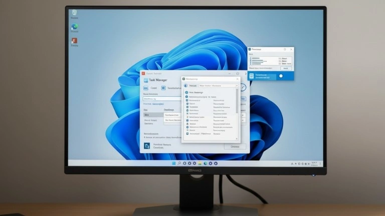Monitor showing Windows Task Manager and background processes used to check why CPU heats up when downloading.