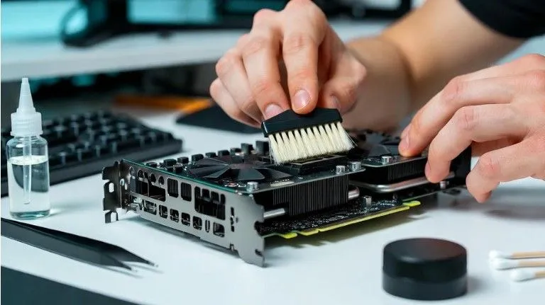 Cleaning a graphics card with a soft brush to remove dust before reinstalling it.