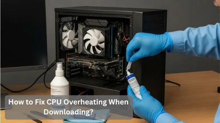 PC powered off with open side panel as a technician prepares cooling fixes to stop the CPU heating up when downloading.