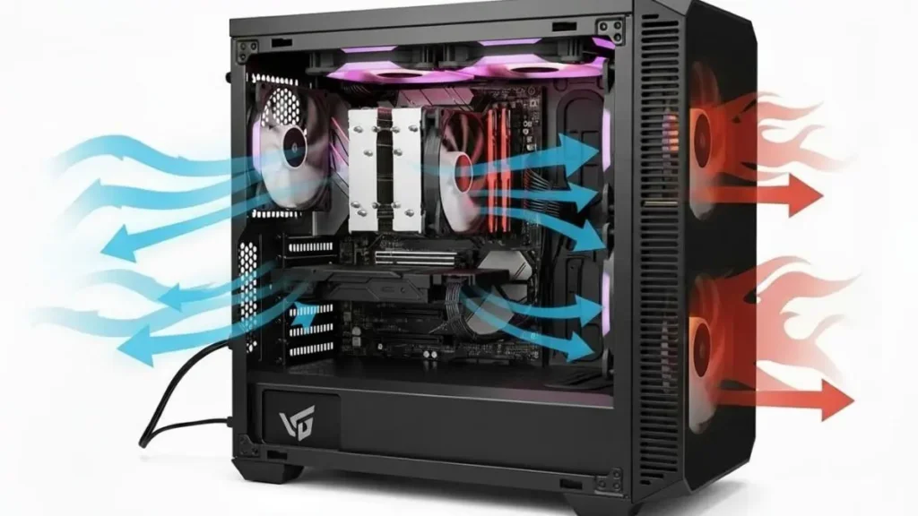PC airflow setup showing effective cooling to reduce GPU temperature during gaming.