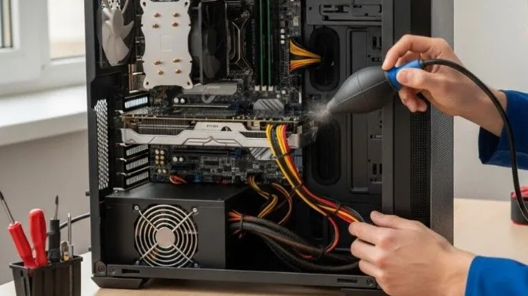 Technician cleaning dust and checking GPU power cables inside an open PC to prevent motherboard damage.