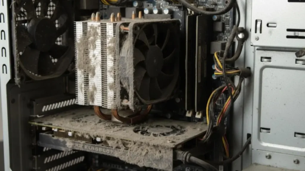 Dust buildup on CPU cooler and GPU inside PC case causing overheating risk