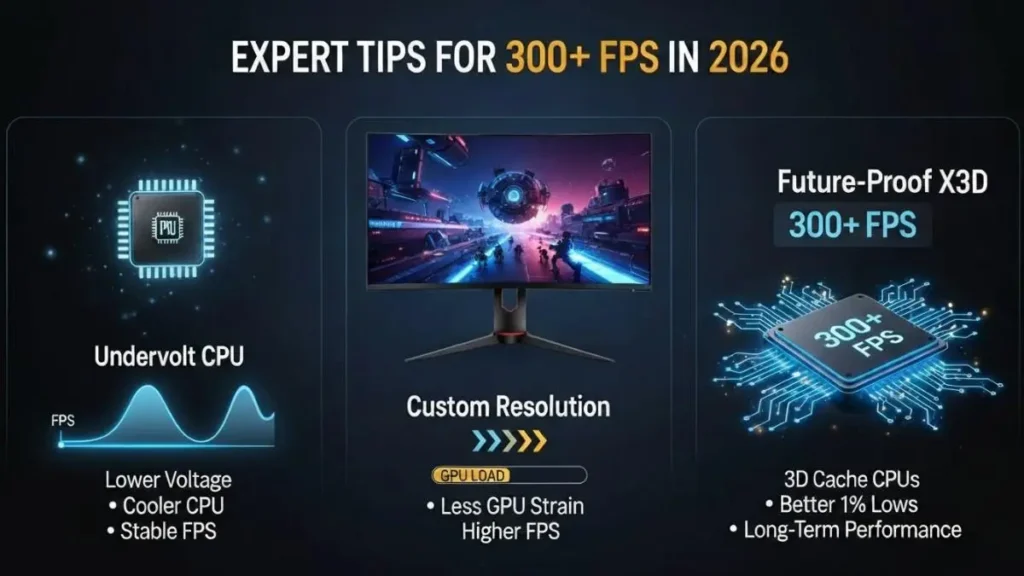 Expert tips for 300+ FPS in 2026 showing CPU undervolting, custom resolution, and future-proof X3D processors.