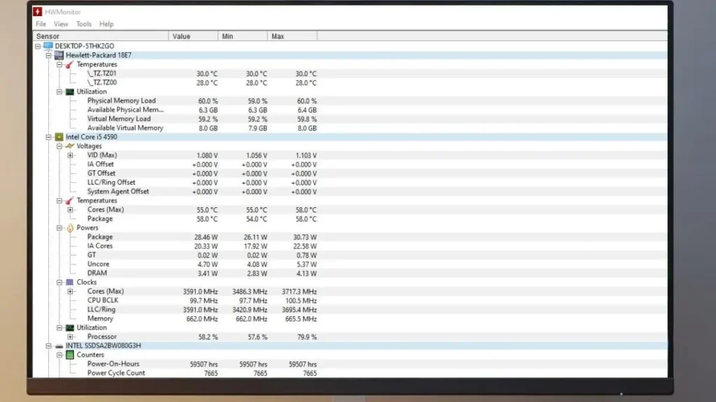 HWMonitor showing GPU temperature and system usage to check overheating
