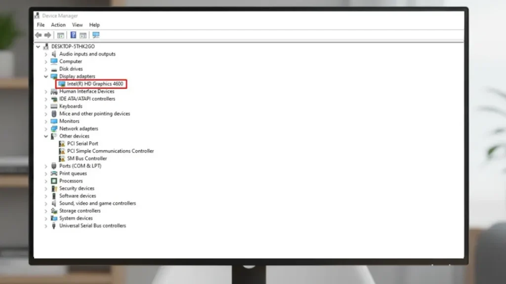 How to identify Intel GPU model using Windows Device Manager showing Intel HD Graphics 4600 under Display adapters