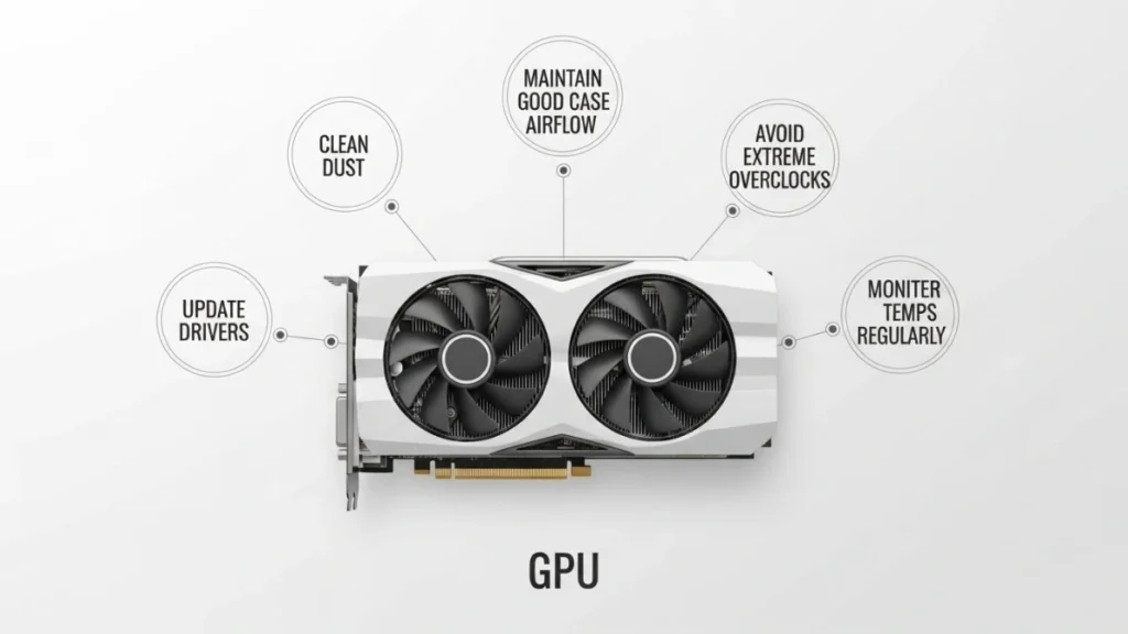 GPU fan maintenance and prevention tips infographic showing airflow, dust cleaning, temperature monitoring and safe overclocking