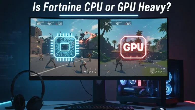 Fortnite gameplay comparison showing CPU-heavy vs GPU-heavy performance on a gaming monitor.