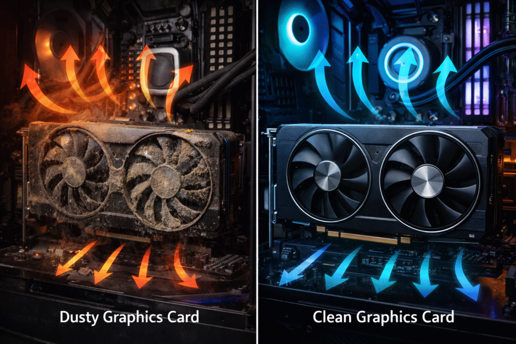 Dust buildup inside PC case causing overheating and showing what is too hot for a GPU when airflow is blocked by dirt and debris