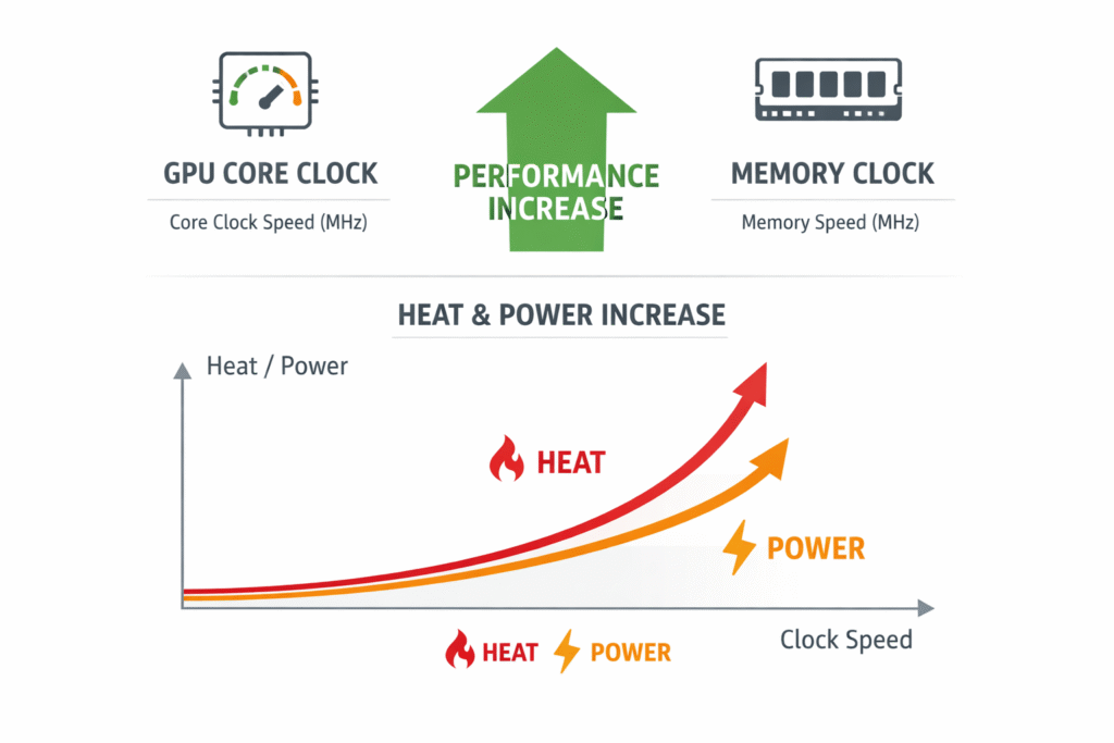 Diagram explaining what does overclocking a GPU do by increasing core clock, memory clock, power and heat output