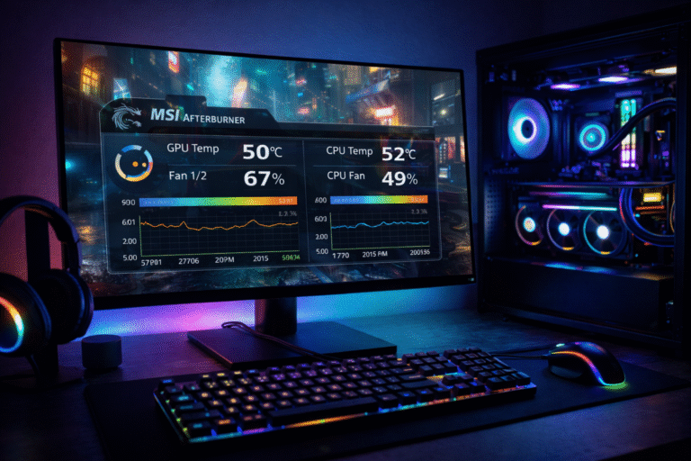 How to Check GPU and CPU Temperature using MSI Afterburner overlay showing real-time stats on a RGB gaming PC setup.