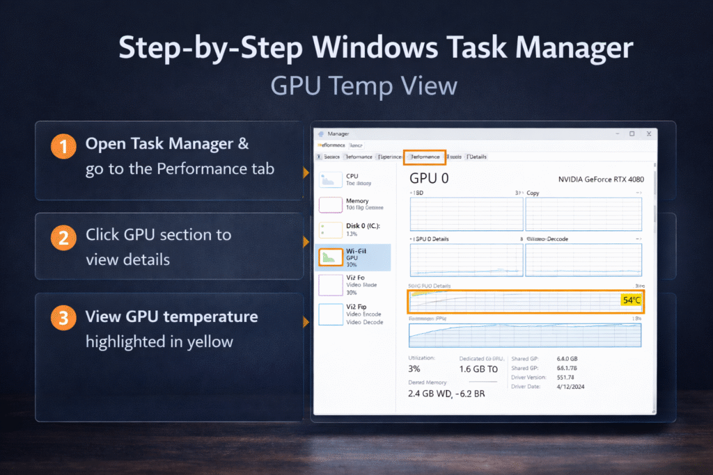 Windows Task Manager GPU temperature view tutorial showing performance tab with GPU temp highlighted in step by step guide UI