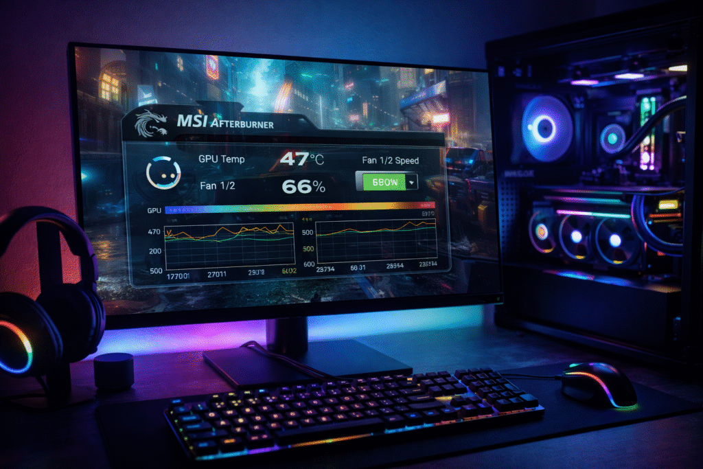 Checking temps with monitoring tool to know what is too hot for a GPU while gaming using on screen temperature and fan speed display