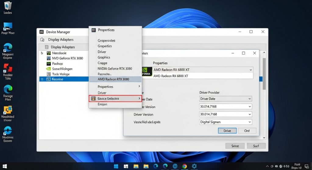 How to update GPU drivers by checking driver version in Windows Device Manager under display adapters section