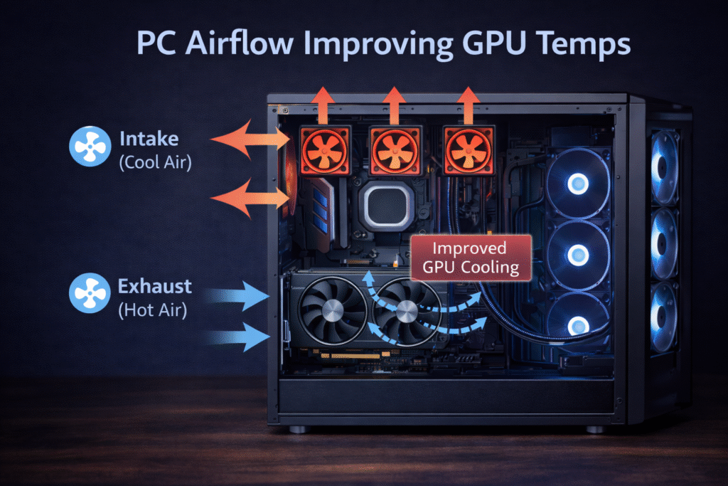 PC airflow diagram showing intake and exhaust fan direction improving GPU temps and cooling inside gaming PC case infographic layout