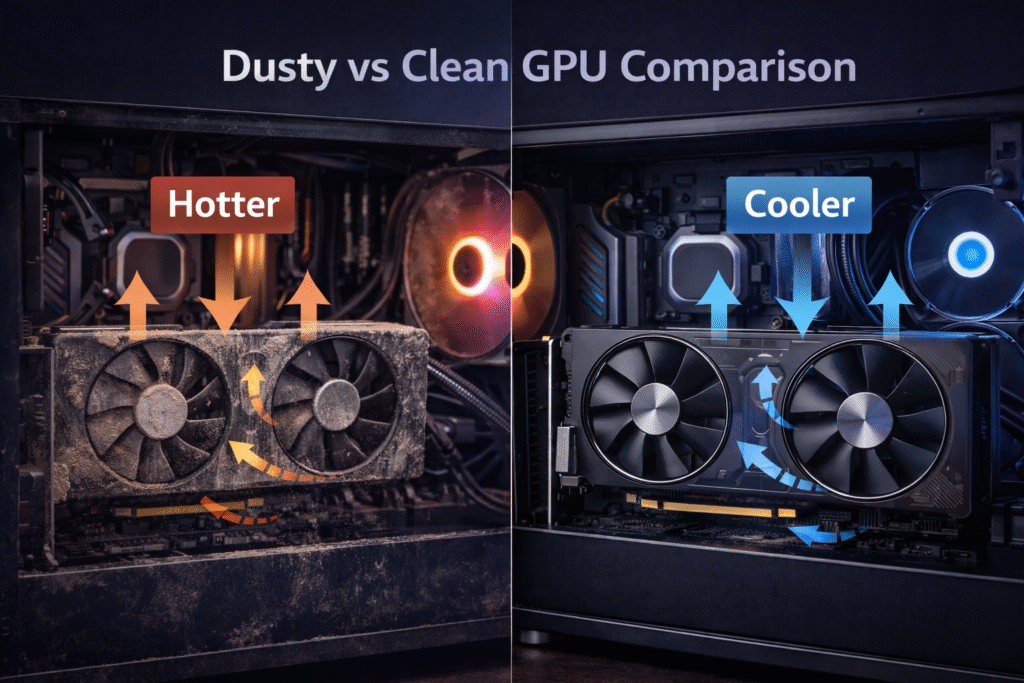 Dusty vs clean GPU comparison inside PC case showing airflow and GPU temperature difference for better cooling and performance guide