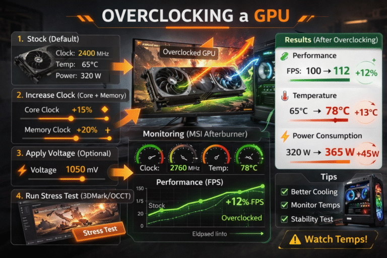 Visual guide on what does overclocking a GPU do featuring clock speed increase and GPU temperature monitoring