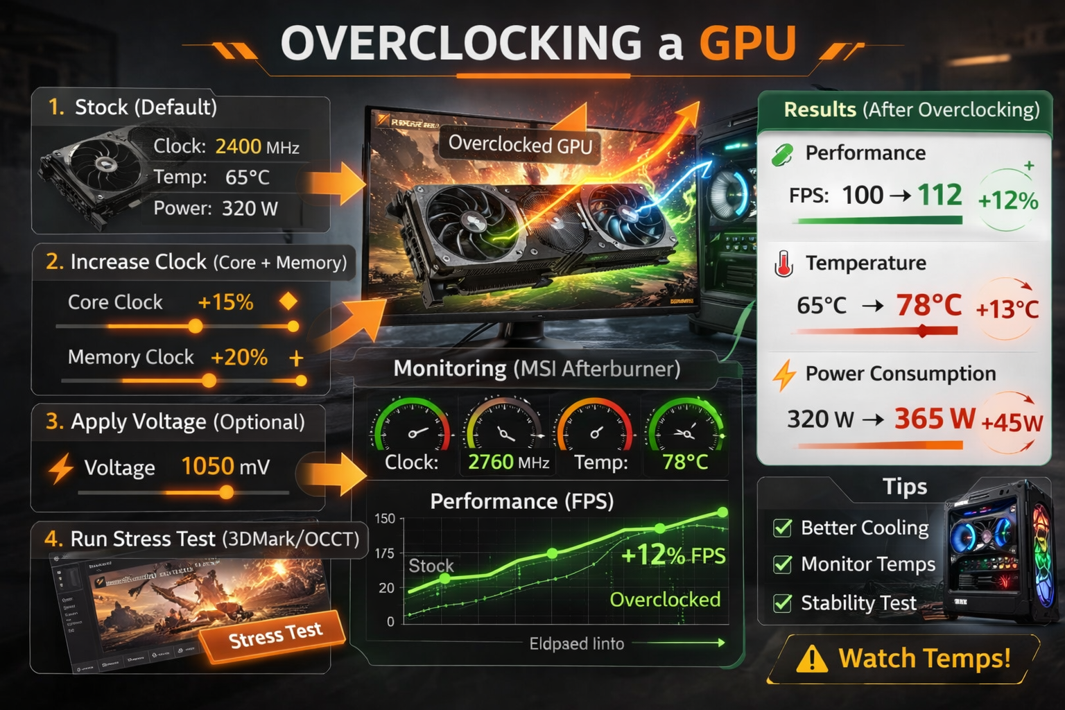 Visual guide on what does overclocking a GPU do featuring clock speed increase and GPU temperature monitoring