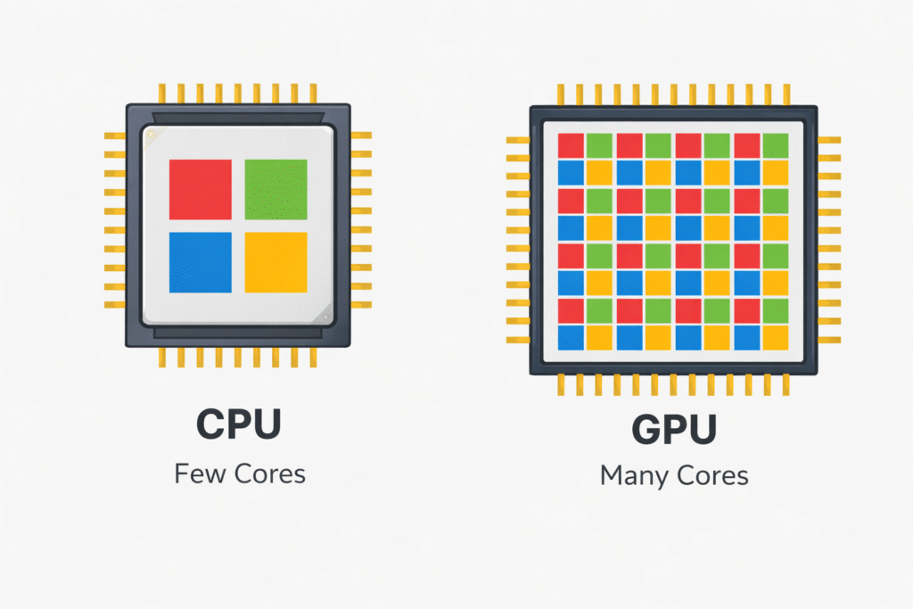 What Is A GPU vs CPU comparison image showing core differences in processing power, parallel tasks, and performance roles