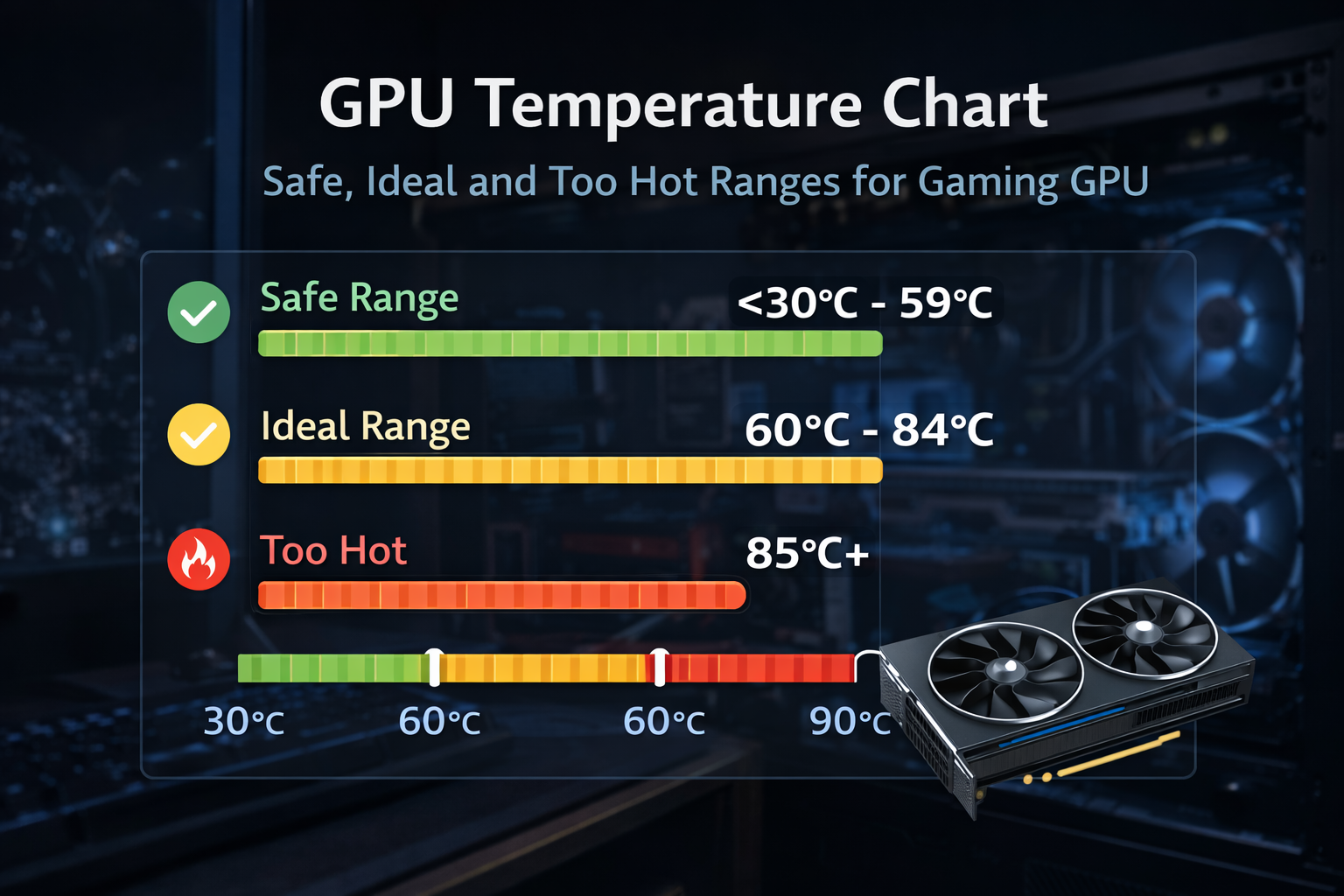 GPU temperature chart showing safe, ideal and too hot ranges for gaming graphics card on dark PC setup background infographic uis