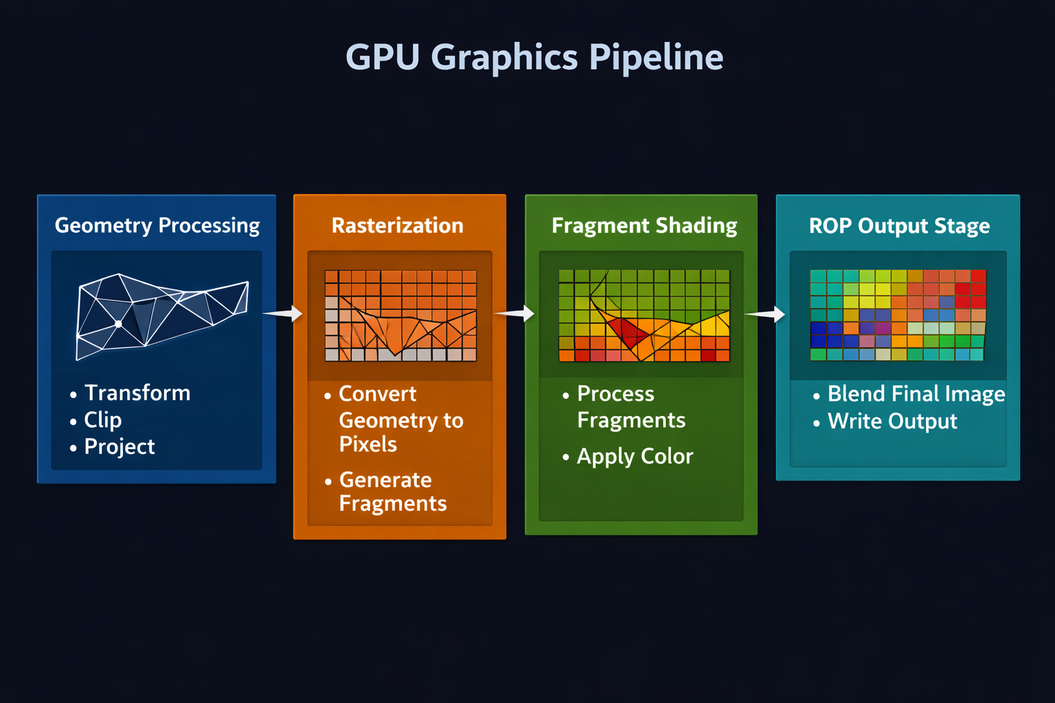 What are ROPs in GPU pipeline visual showing how render output units handle final pixel output after shaders