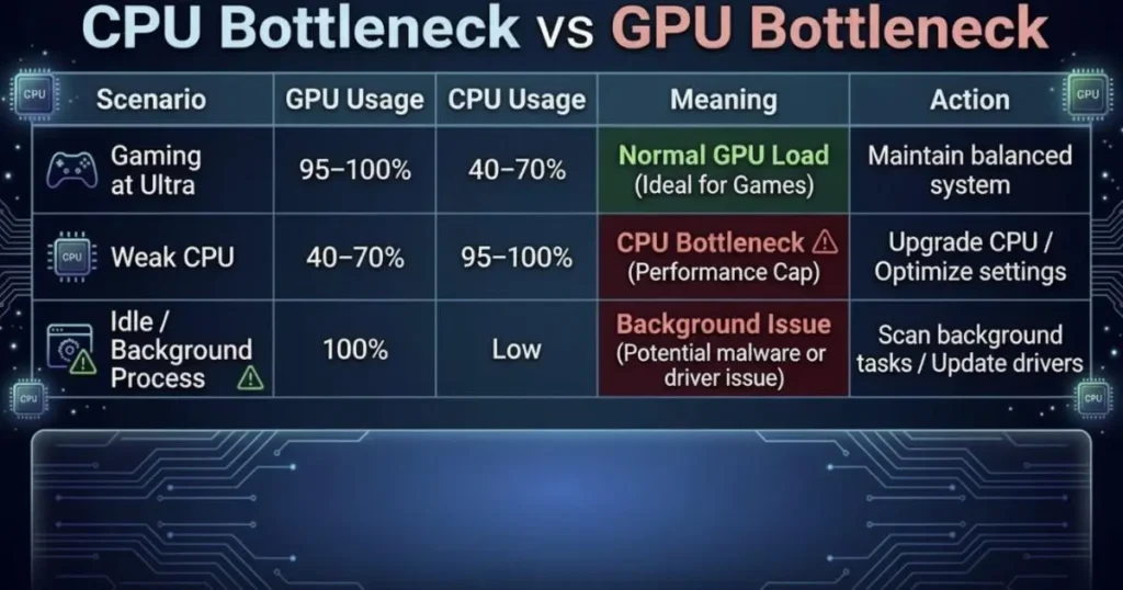 CPU bottleneck vs GPU bottleneck comparison chart showing usage and performance scenarios