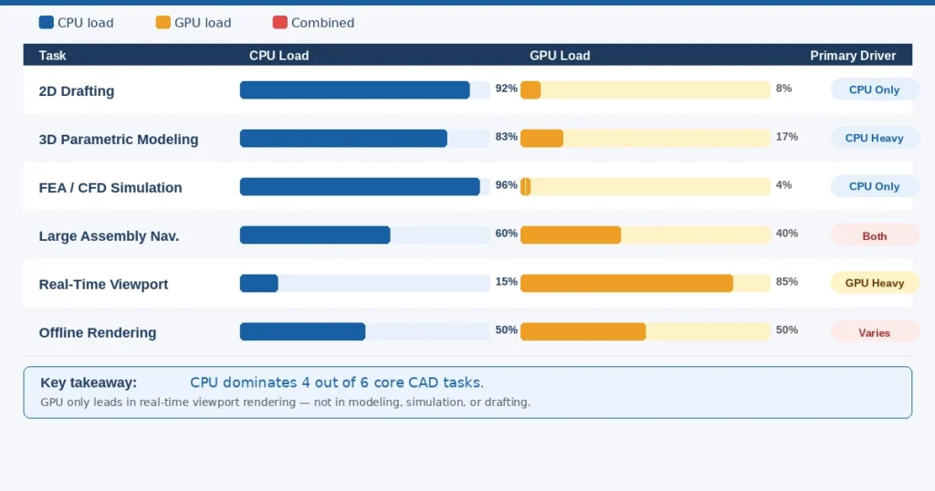 CPU vs GPU load breakdown across 6 CAD tasks. CPU dominates drafting, modeling, and simulation, while GPU leads only in real-time viewport rendering.