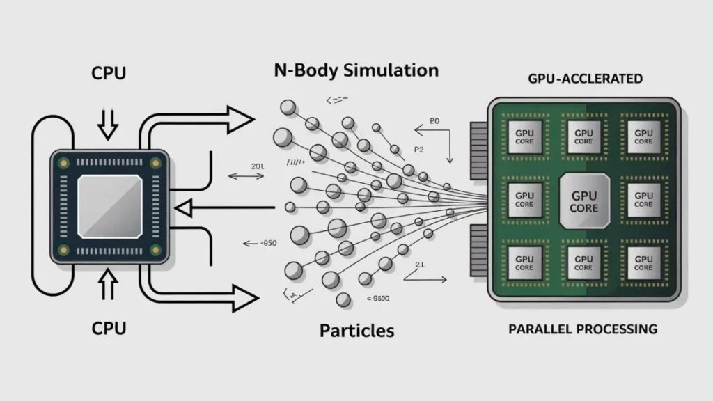Diagram showing how CPU and GPU process particles in an N-Body simulation using parallel computing.