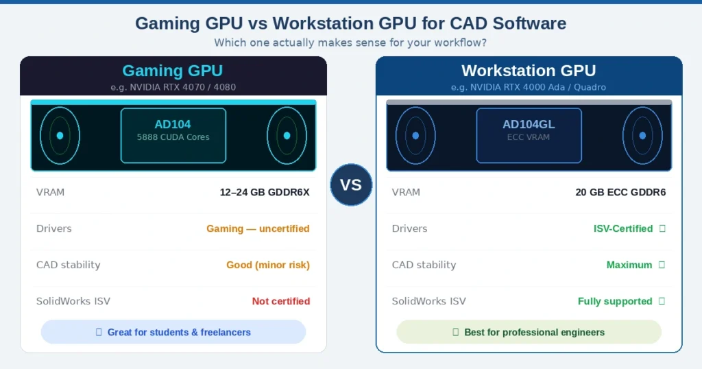 Gaming GPU vs Workstation GPU comparison for CAD, RTX 4070 uncertified drivers vs RTX 4000 Ada ISV-certified with maximum CAD stability.