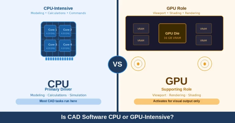 CPU vs GPU role in CAD software — CPU handles modeling and simulation, GPU manages viewport and rendering.