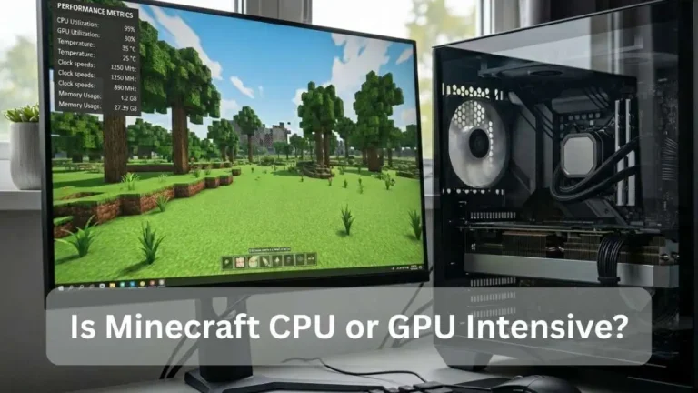 Minecraft gameplay showing performance metrics on screen while testing if Minecraft CPU or GPU intensive on a gaming PC setup.