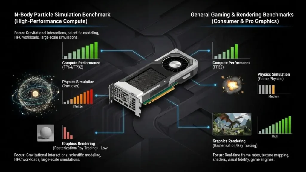 N-Body benchmark vs other GPU benchmarks showing compute performance, physics simulation, and graphics rendering comparison.
