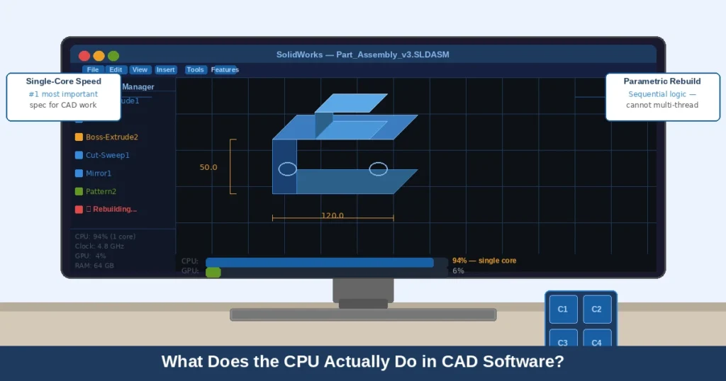SolidWorks viewport showing CPU at 94% single-core load during a parametric rebuild, with GPU at only 6%.
