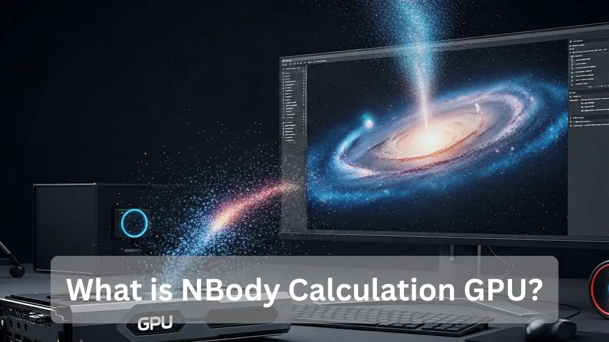 NBody Calculation GPU simulation showing galaxy particles and physics interactions running on a modern computer GPU.