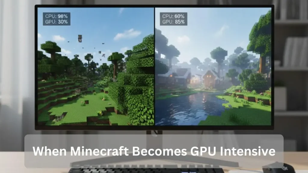 Side-by-side Minecraft gameplay showing CPU-heavy vanilla mode vs GPU-intensive shaders with usage overlay.