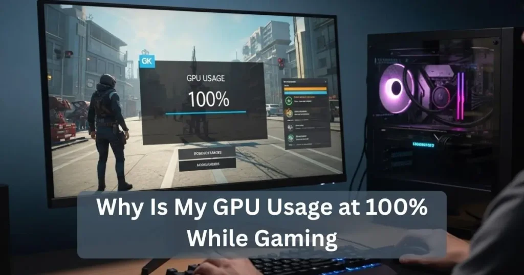 PC gaming monitor displaying GPU usage at 100 percent